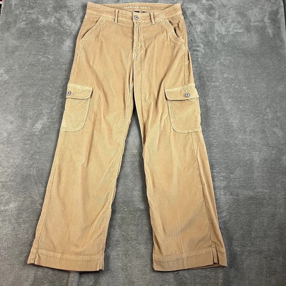 American Eagle Super High Rise Baggy Wide Leg Pants Womens 8 Tan Corduroy Cargo